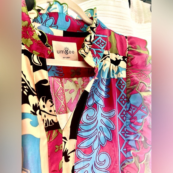 Umgee Pink Blue Multi Floral Print Ruffled Dress - Picture 2 of 3